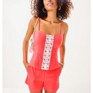 Lilly Pulitzer Coral Top and Shorts Set with White Lace Detail